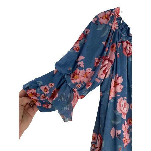 Democracy Floral Print Boho Ruffle Peasant Hippie Blouse S Mesh Fabric Blue $68 - Picture 2 of 11
